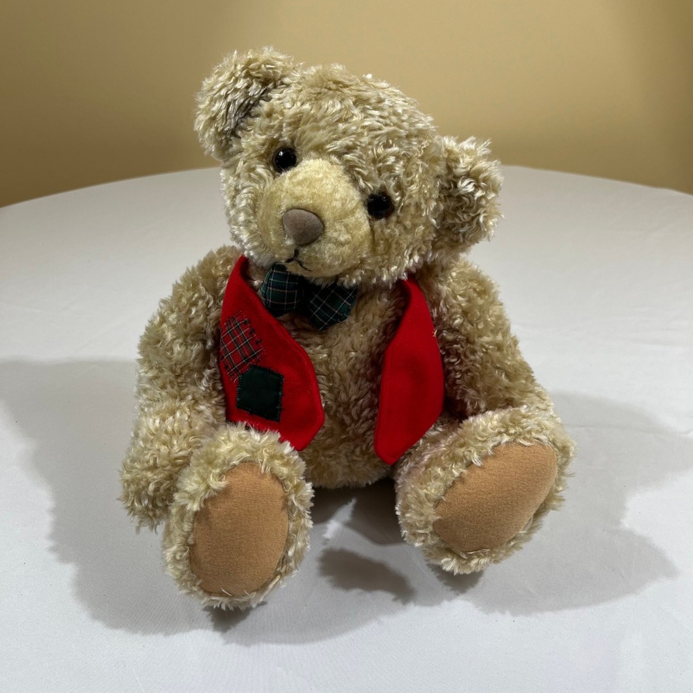 Hallmark Plush Teddy Bear 10in Tan Red Vest Plaid Bowtie XPF3417 Christmas Bear